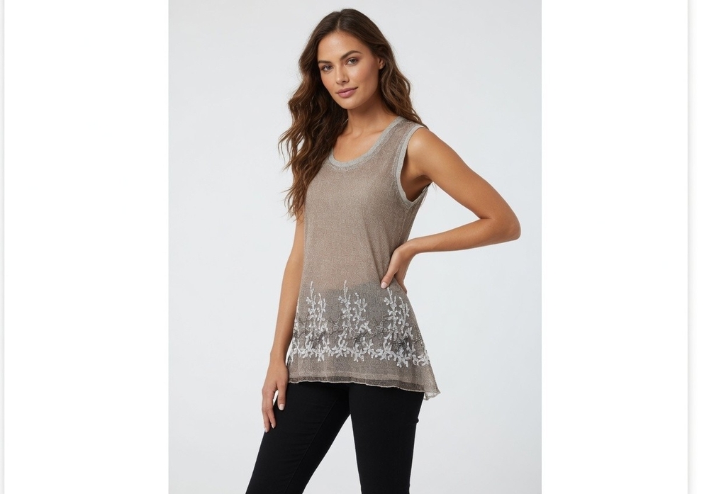 Marilu Women's Beige Tan Embroidered Lace Tank Top S Cotton Linen Italy VG